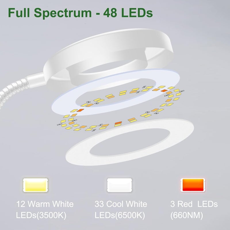 wolezek 2 in 1 Grow Lights for Indoor Plants, 3 Colors Plant Lights for Indoor Growing with 360° Gooseneck, 48 LEDs Full Spectrum Plant Grow Lights Indoor, 6/12/16H Timer, 5 Brightness, White 2 Pack - Image 4